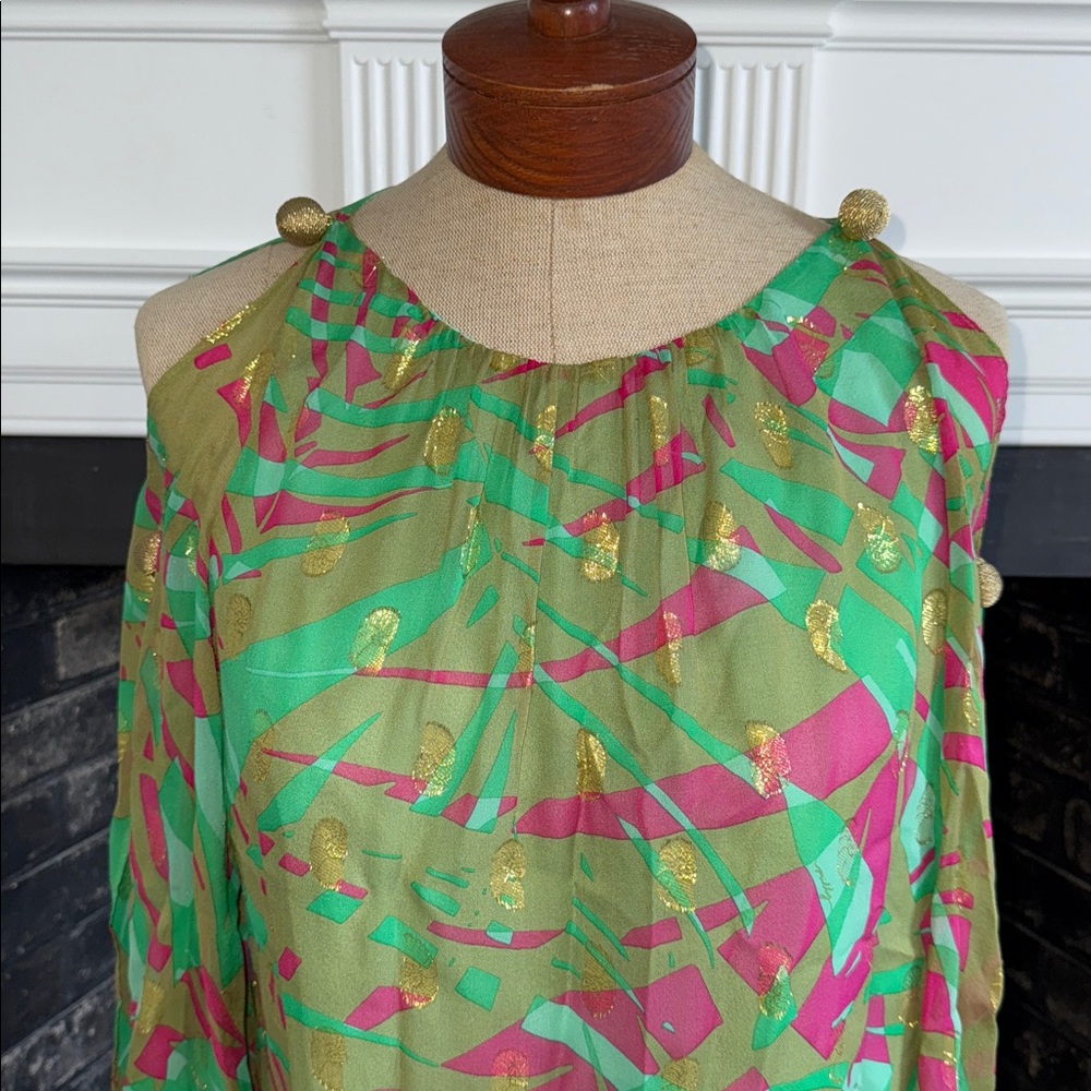 Milly New York Blouse Resort Silk Tropical Green Pink Gold Womens Size 6 - Picture 2 of 16
